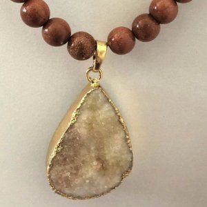 White Druzy Pendant with Golden Sandstone Beads Necklace